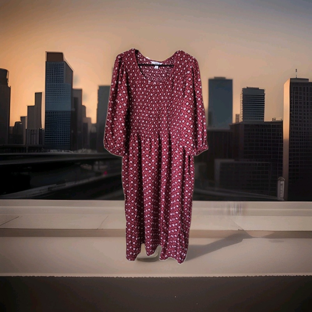 Croft & Barrow Maroon Floral 3/4 Sleeve Smocked Midi, Boho Pocke Dress Women's L